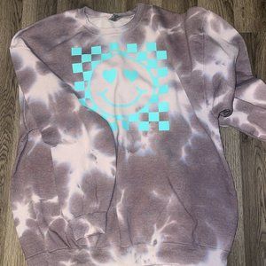 Tie Die Pink and Brown Crewneck Sweatshirt, Smiley Face Design - Large
